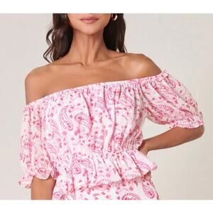Sugarlips Pink Paisley Off Shoulder Puff Sleeve Crop Top